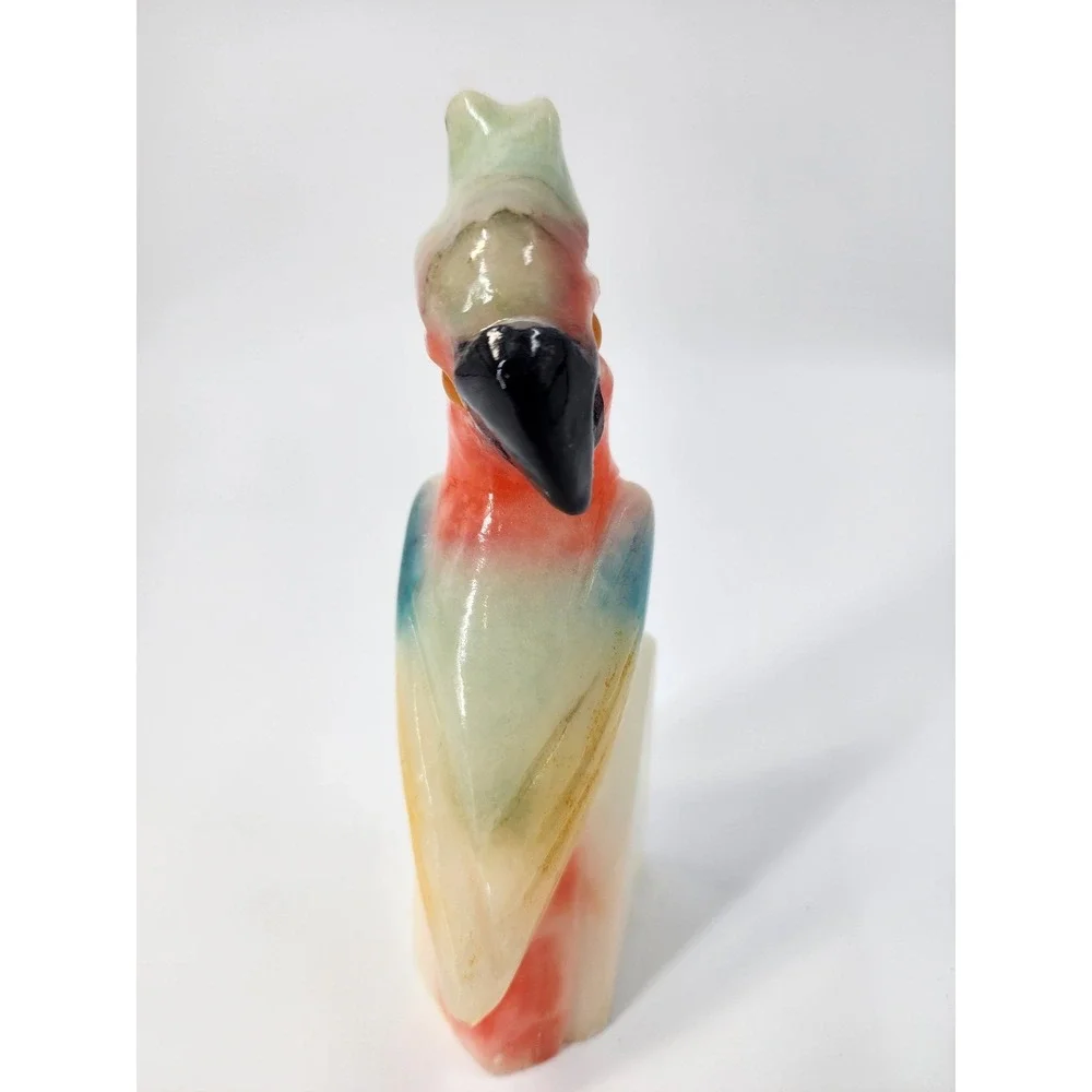 Vintage Hand Carved Onyx Stone Parrot Figurine Multi Color Bird Sculpture 5.5